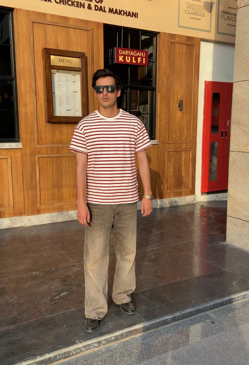 Cropped Striped Tee in Muted Red & Off-White