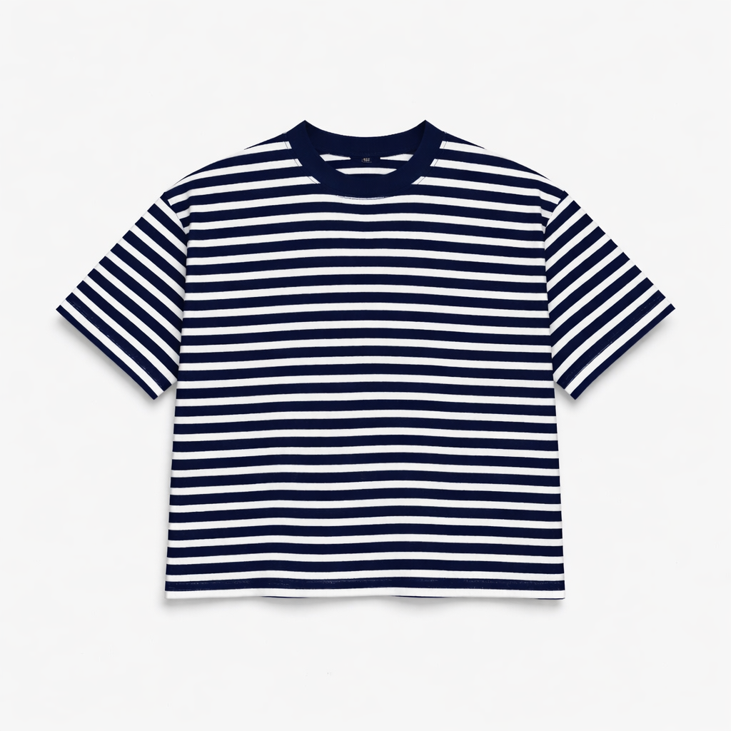 Cropped fit navy blue and white striped T-shirt