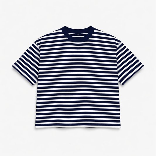 Cropped fit navy blue and white striped T-shirt