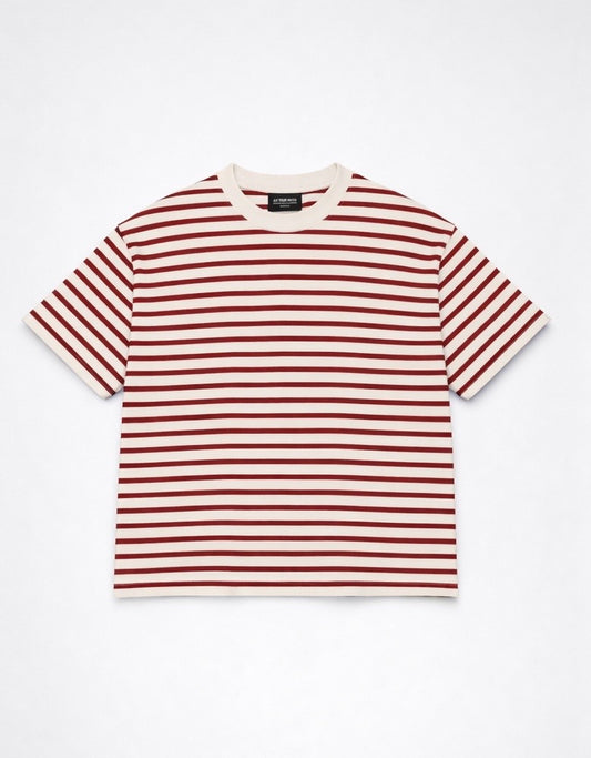 Cropped Striped Tee in Muted Red & Off-White
