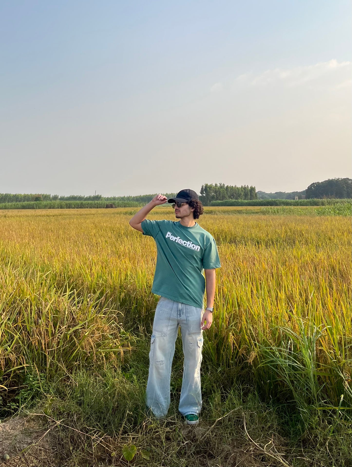 Acid-Washed Malachite Green T-Shirt with White print.