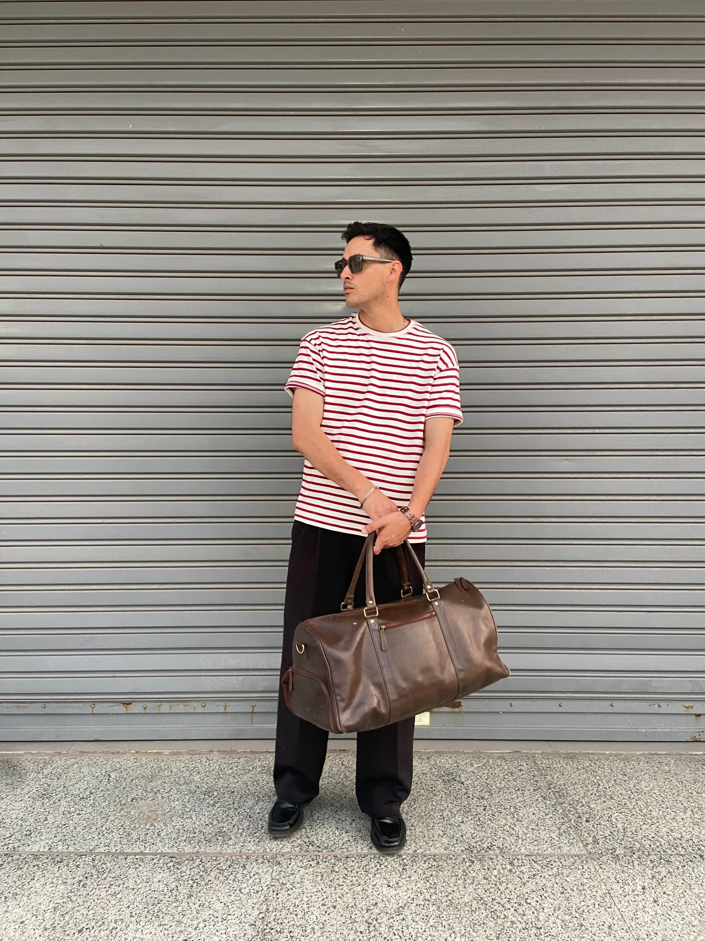 Cropped Striped Tee in Muted Red & Off-White
