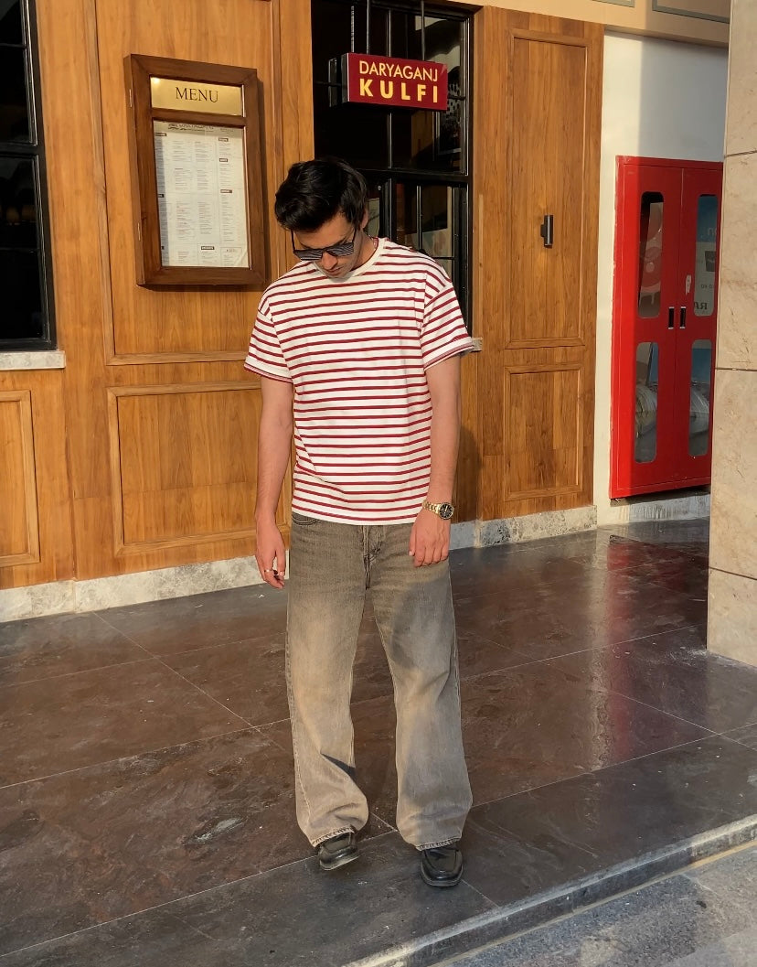 Cropped Striped Tee in Muted Red & Off-White