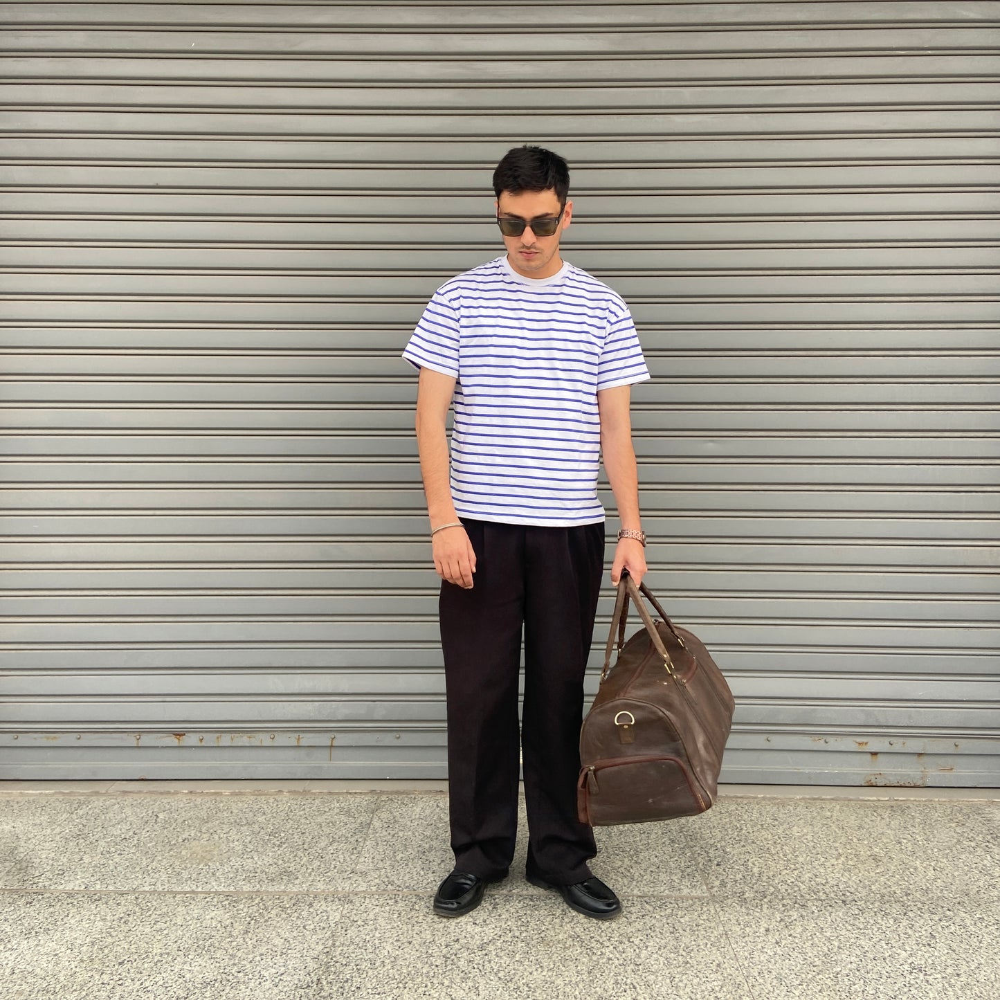 Cropped fit Sky blue and white striped T-shirt