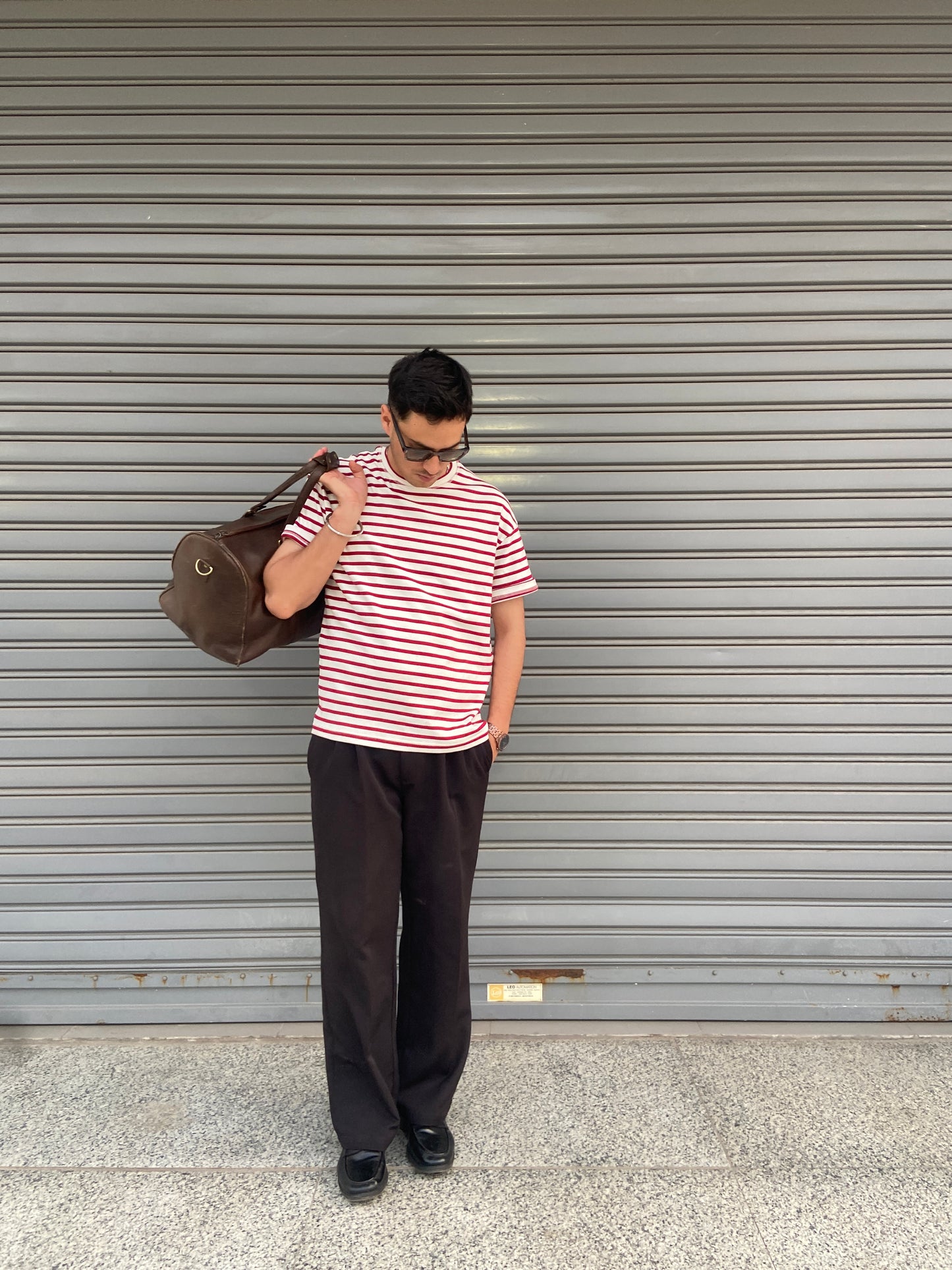 Cropped Striped Tee in Muted Red & Off-White
