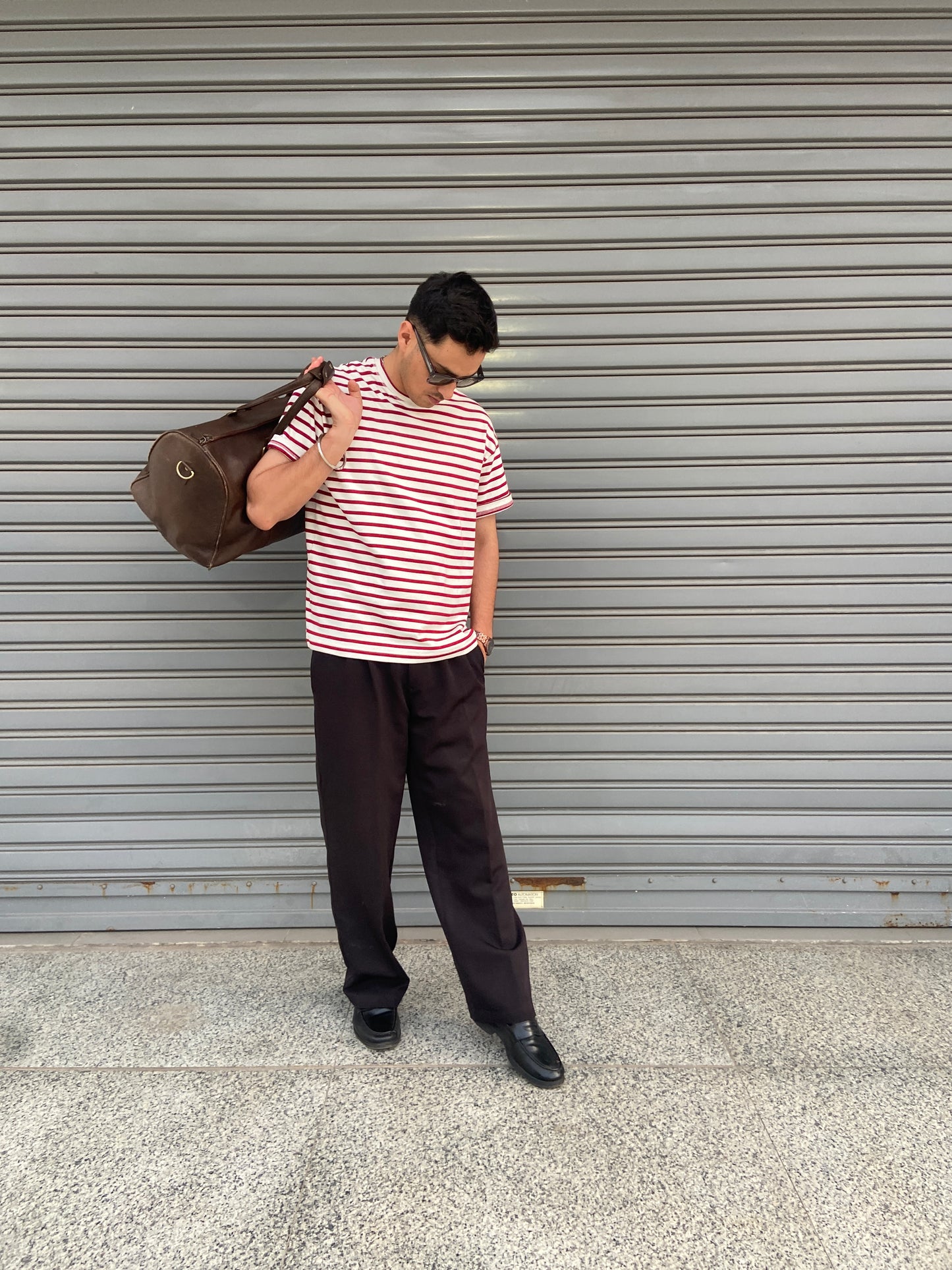 Cropped Striped Tee in Muted Red & Off-White