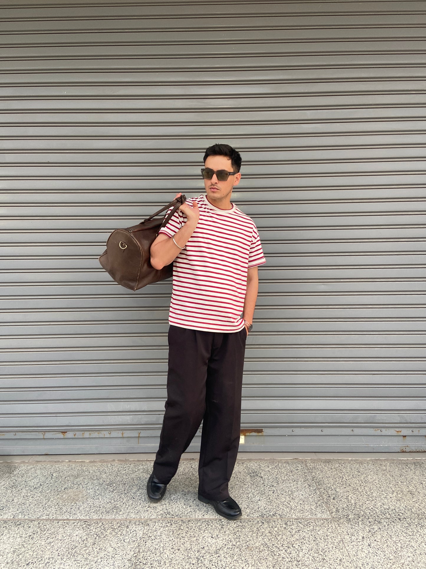 Cropped Striped Tee in Muted Red & Off-White