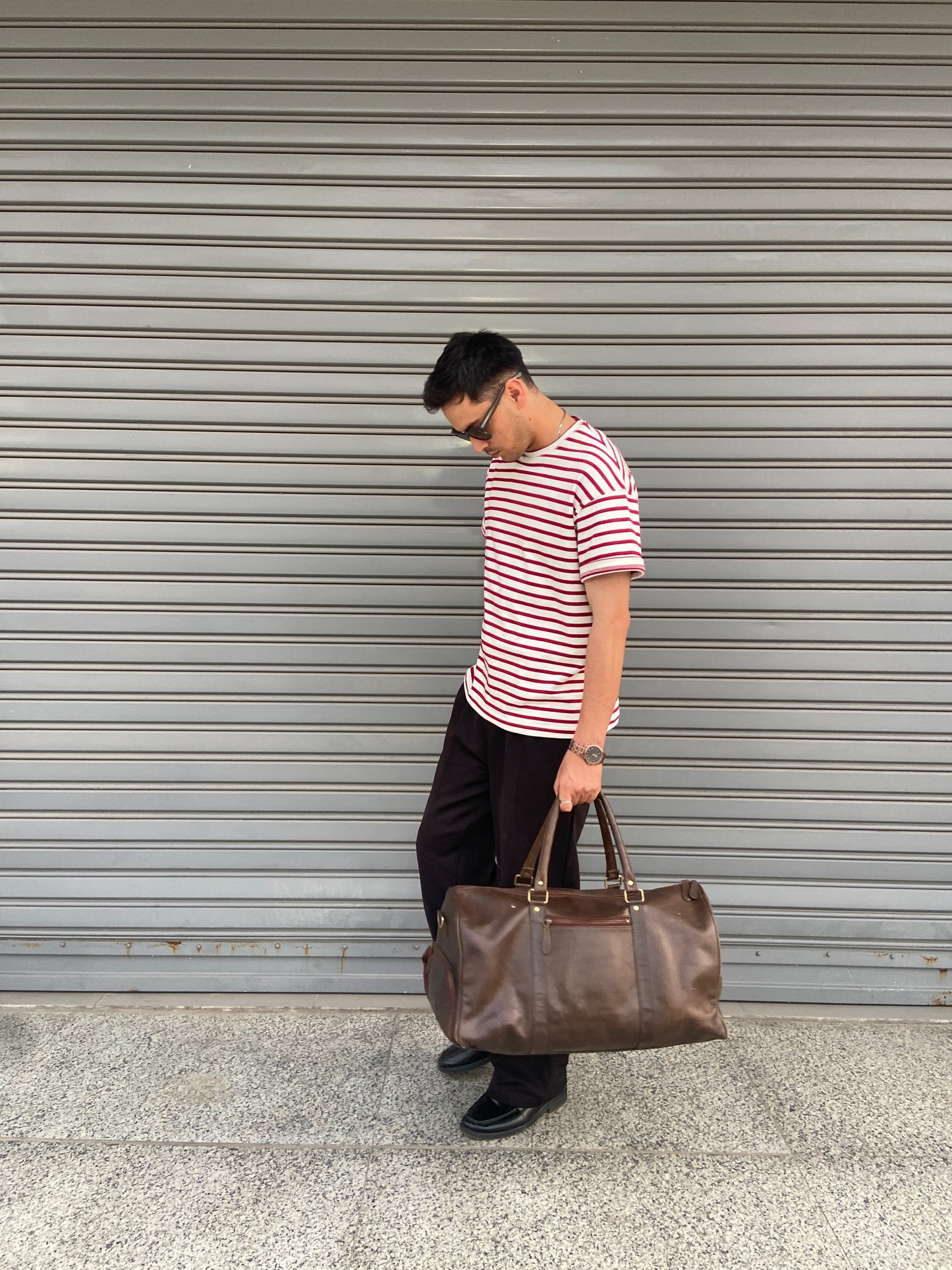Cropped Striped Tee in Muted Red & Off-White