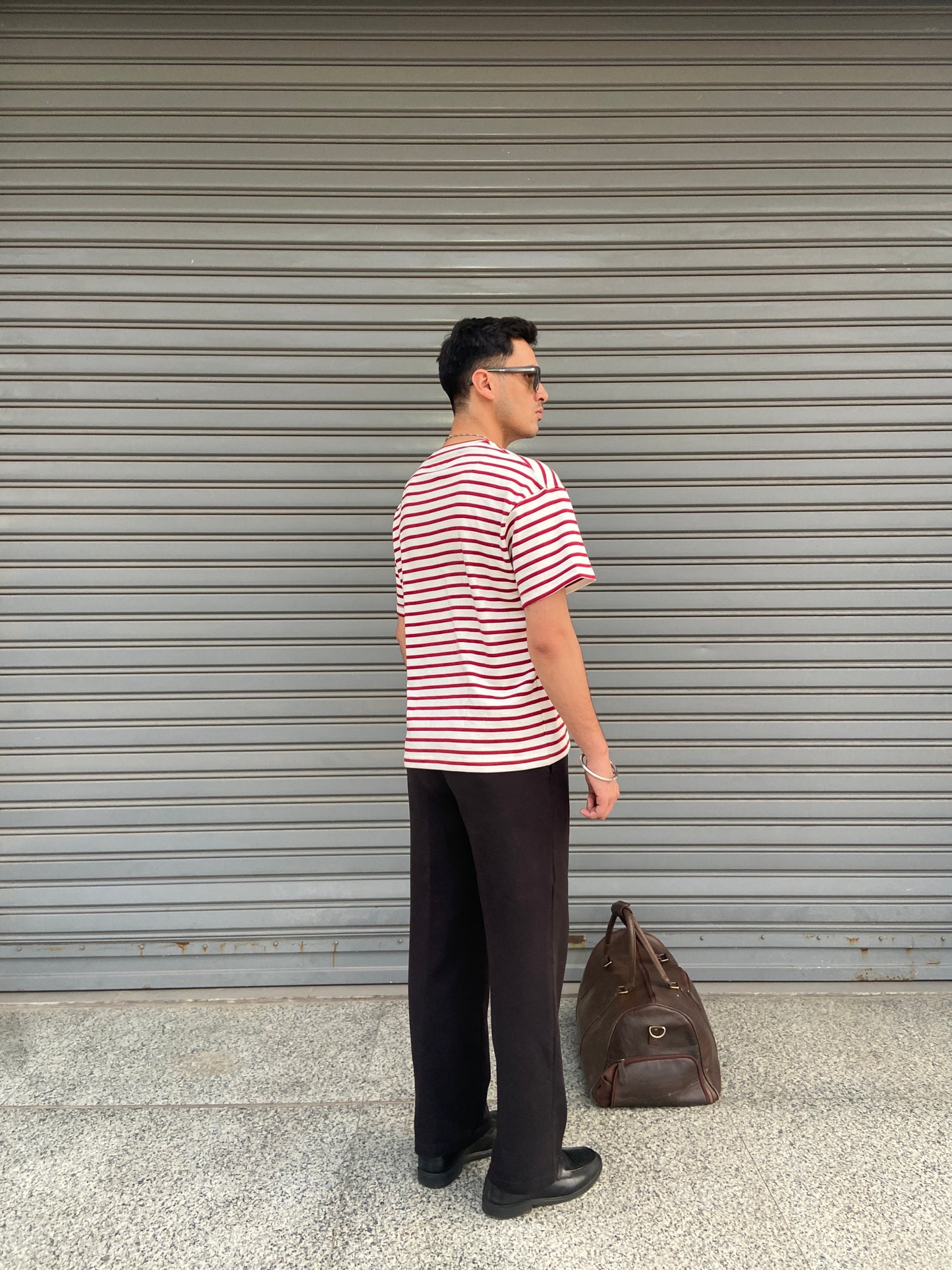 Cropped Striped Tee in Muted Red & Off-White