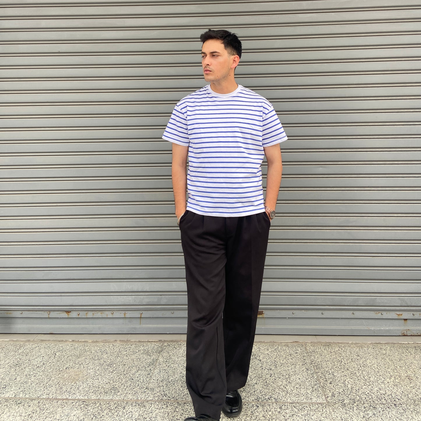 Cropped fit Sky blue and white striped T-shirt