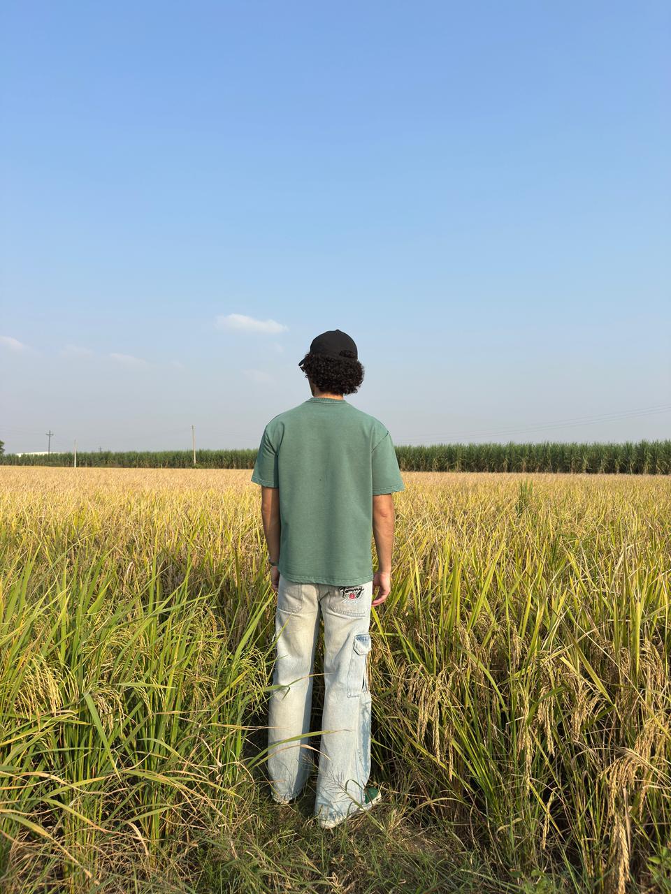 Acid-Washed Malachite Green T-Shirt with White print.