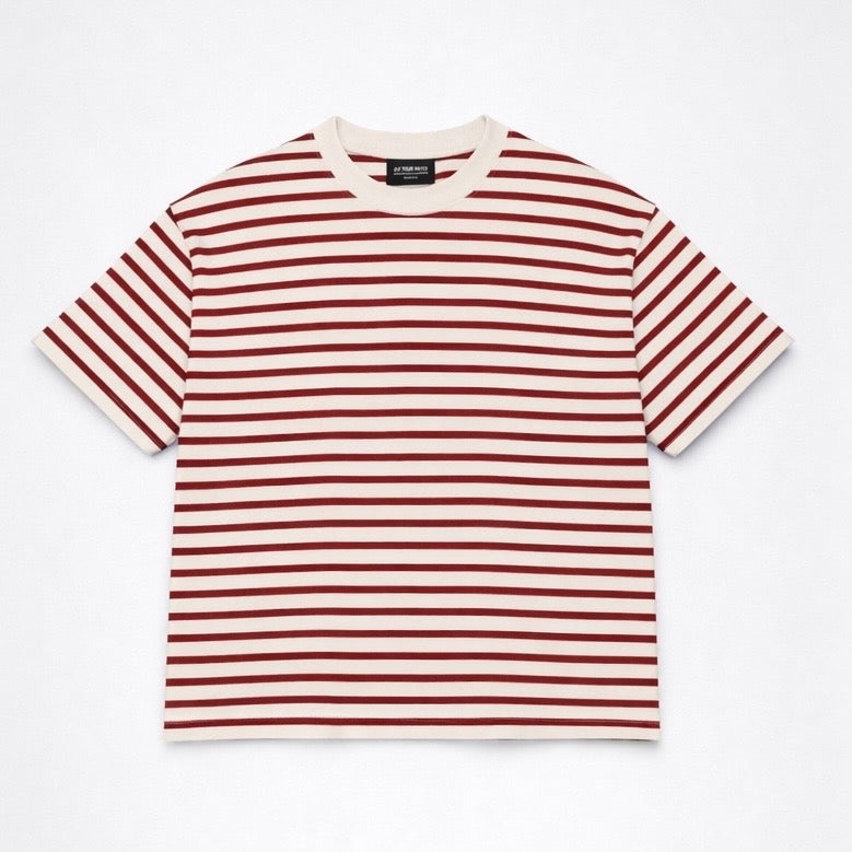 Cropped Striped Tee in Muted Red & Off-White