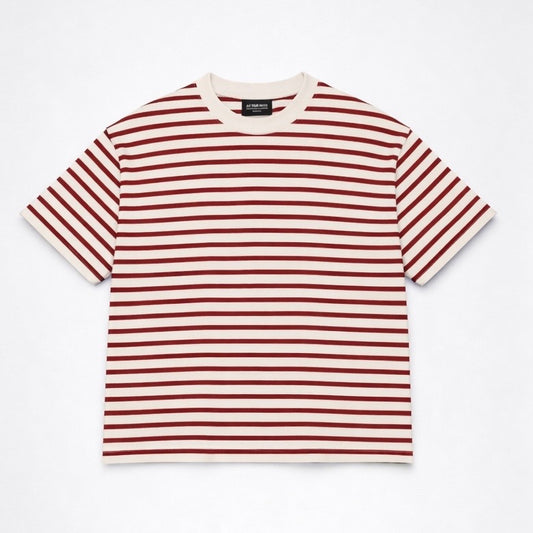 Cropped Striped Tee in Muted Red & Off-White