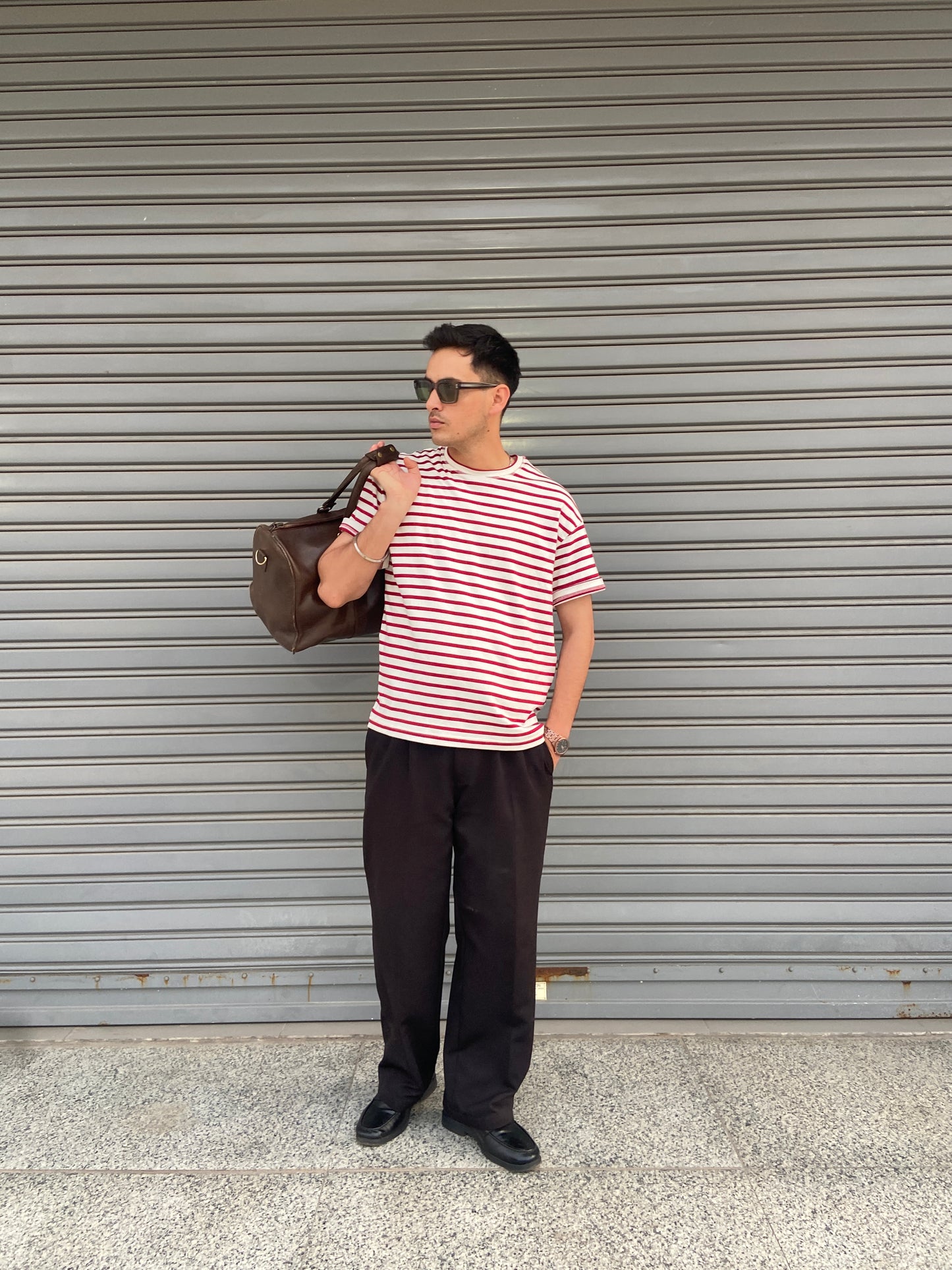 Cropped Striped Tee in Muted Red & Off-White