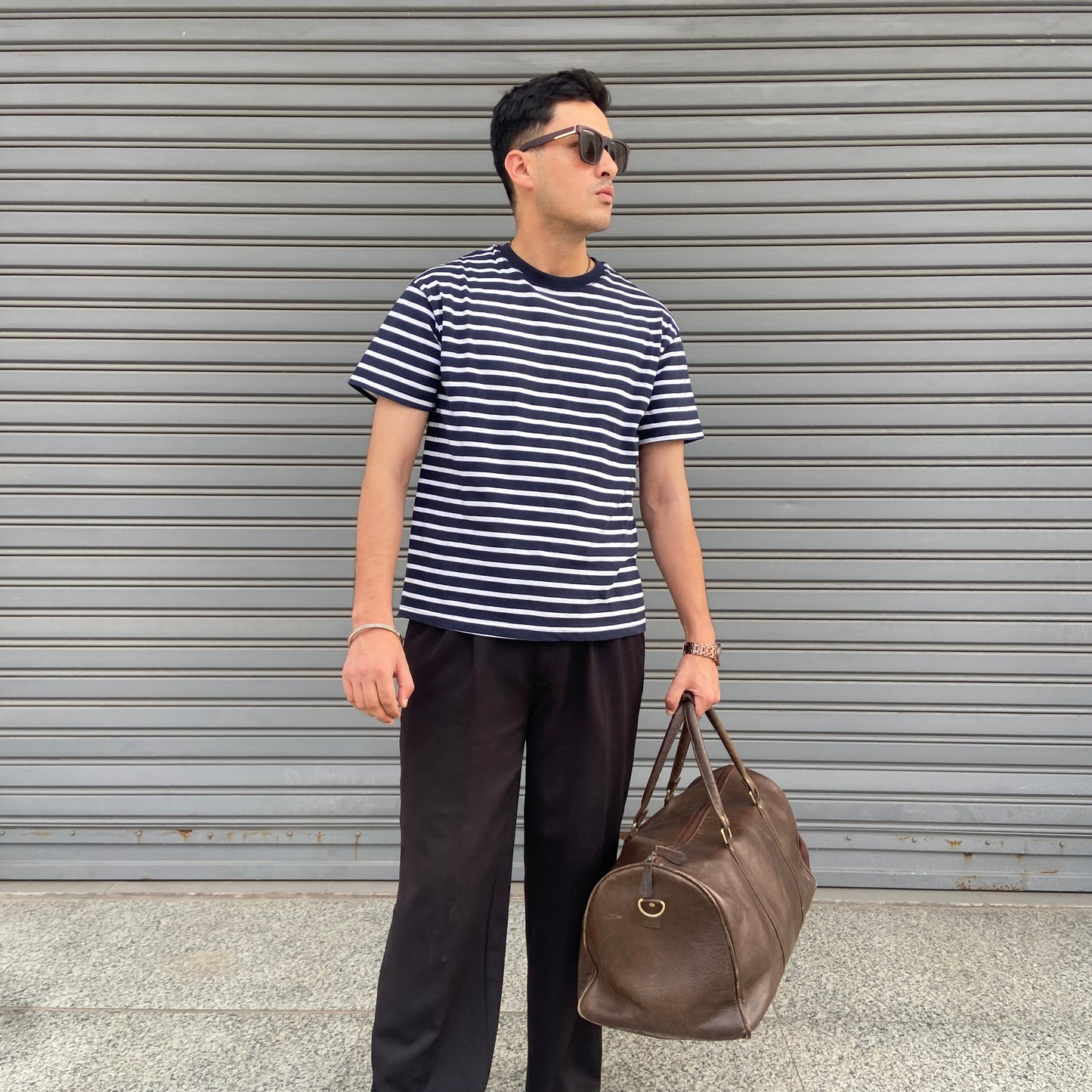 Cropped fit navy blue and white striped T-shirt