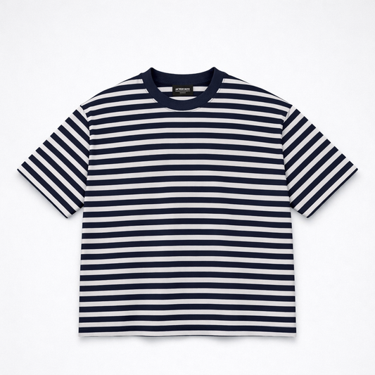 Cropped fit navy blue and white striped T-shirt